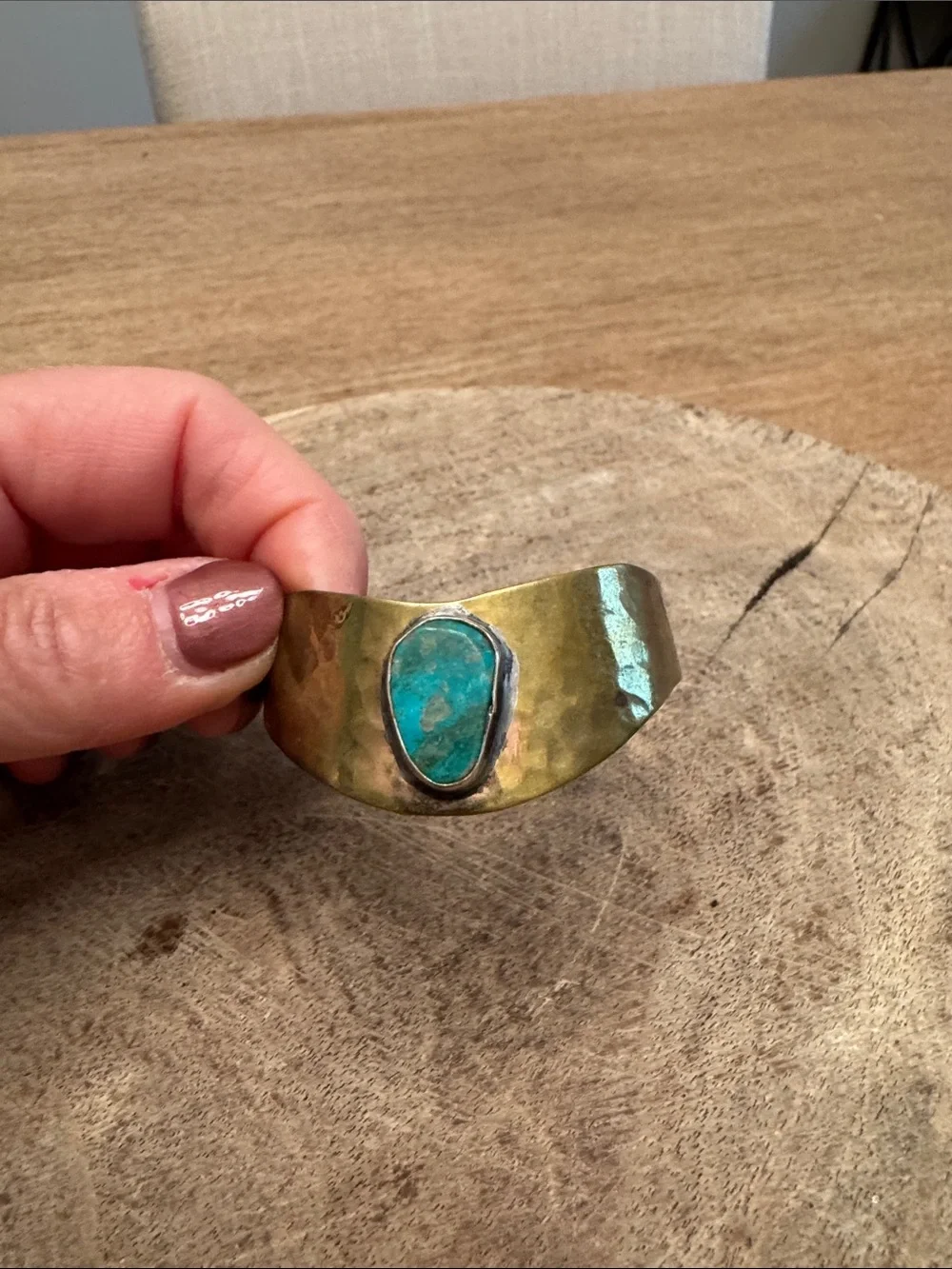 Handcrafted Turquoise Stone Brass Cuff Bracelet - Women Jewelry - Picture 1 of 2